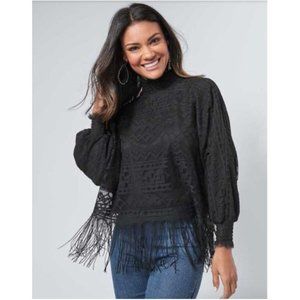 Venus black lace fringe top Size M with high neckline and long sleeves